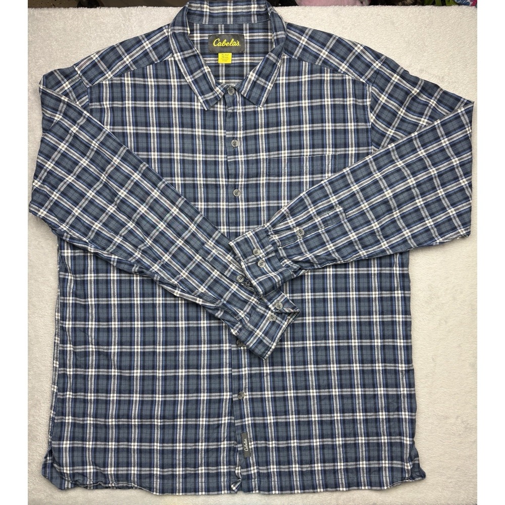 Cabela's Men's XL Regular Blue Plaid Woven Cotton Long Sleeve Point Collar